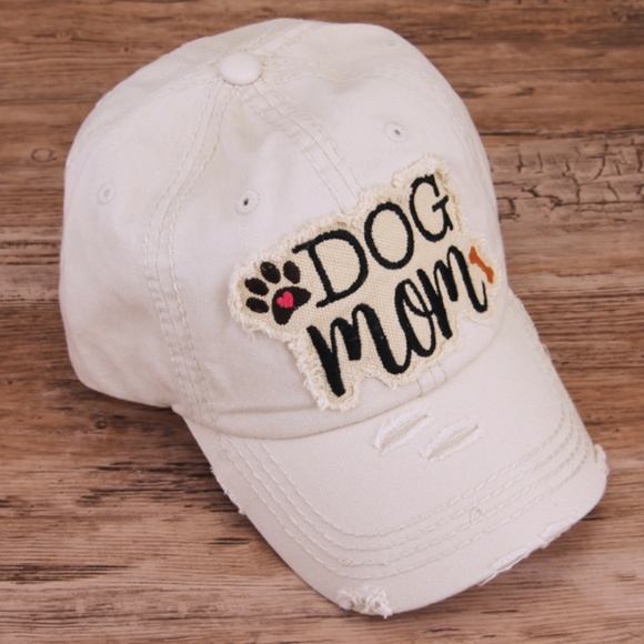Accessories - Distressed Cream 'Dog Mom' Cap